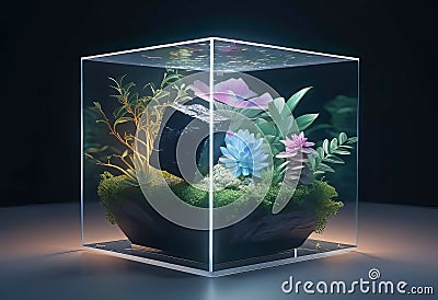 philosophical cube of existence, floating glowing elements, ideal nature environment, fantastic illustration, Cartoon Illustration