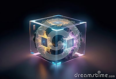 philosophical cube of existence, floating glowing elements, ideal nature environment, fantastic illustration, Cartoon Illustration