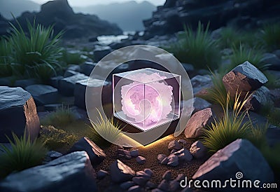 philosophical cube of existence, floating glowing elements, ideal nature environment, fantastic illustration, Cartoon Illustration