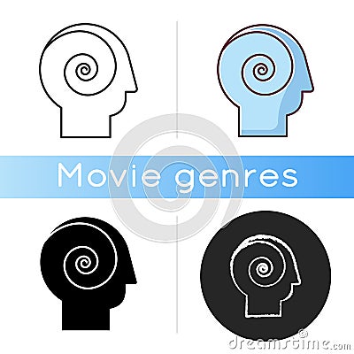 Philosophical film icon. Linear black and RGB color styles. Filmmaking style, cinematography genre. Psychological movie Vector Illustration