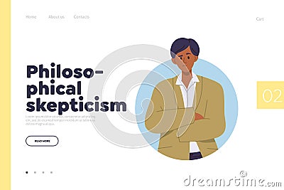 Philosophical skepticism concept for landing page with thinking doubtful businessman crossing hands Vector Illustration