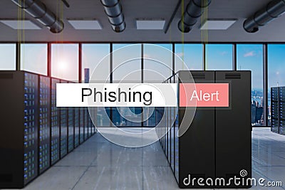 Phishing alert in red search bar large modern server room skyline view, 3D Illustration Stock Photo