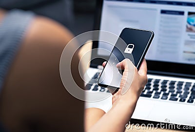 Phishing, mobile phone hacker or cyber scam concept. Password and login pass code in smartphone. Online security threat and fraud. Stock Photo