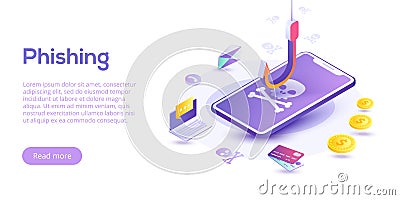 Phishing via internet isometric vector concept illustration. Email spoofing or fishing messages. Hacking credit card or personal Vector Illustration