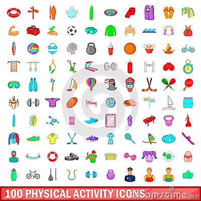 100 phisical activity icons set, cartoon style Vector Illustration