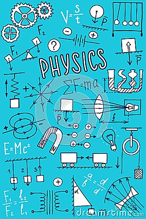 Phisics symbols icon set. Science subject doodle design. Education and study concept. Back to school sketchy background Vector Illustration