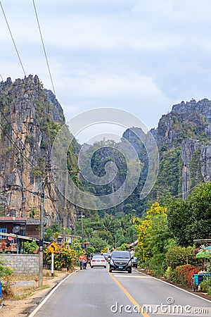 Phitsanulok, Thailand - December 30, 2018: Beautiful limestome mountain range at Ban Mung Village, Noen Maprang District Editorial Stock Photo