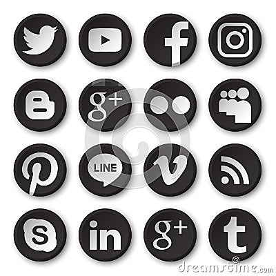 Phitsanulok, Thailand - November 12, 2017 : Vector set of popular social media icon sink botton . Bleck and white design Vector Illustration