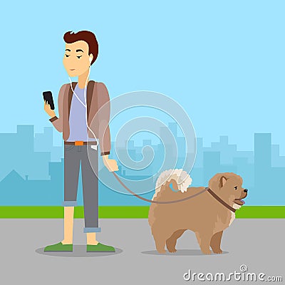 Phlegmatic Temperament Type Boy Walking with Dog Vector Illustration