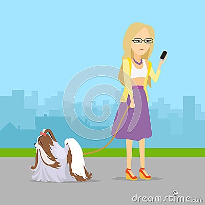 Phlegmatic Temperament Type Girl with Dog. Vector Illustration