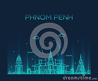 Phnom Penh skyline Cambodia Trendy vector linear Vector Illustration