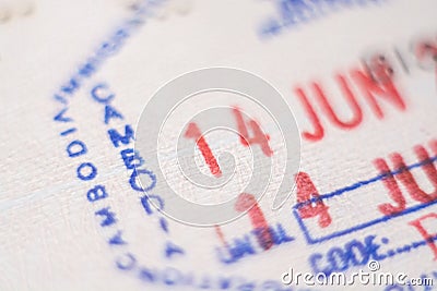 Phnom Phen, Cambodia - November 2019: close up of Cambodian country entrance stamp in passport Editorial Stock Photo