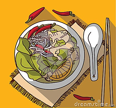 Pho bo soup food top view Cartoon Illustration