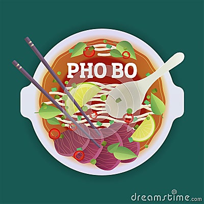 Pho Bo tradidion vietnamese soup. Vector Illustration