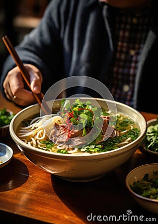 Pho Bo traditional Soup with beef, rice noodles, ginger, lime, chili pepper in bowl. Vietnamese and Asian cuisine. Stock Photo