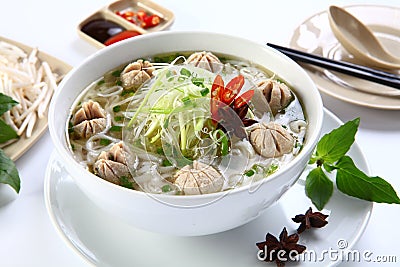 Pho bo vien or Vietnamese traditional noodle with beef balls Stock Photo