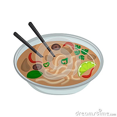 Pho bo is Vietnamese light soup with rice noodles, meat, and vegetables. Vector Illustration