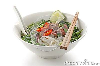 Pho bo , Vietnamese rice noodle soup with sliced r Stock Photo