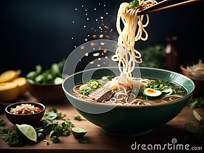 Delicious Pho noodle, Ramen, broth, soup, floating in the air, Cinematic advertising photography Stock Photo