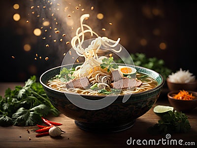 Delicious Pho noodle, Ramen, broth, soup, floating in the air, Cinematic advertising photography Stock Photo