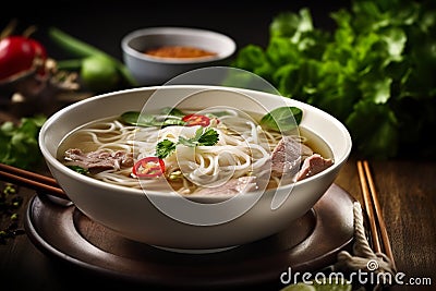 Pho, a savory made with rice noodles, herbs, and thinly sliced meet, AI generative Vietnamese dish Stock Photo