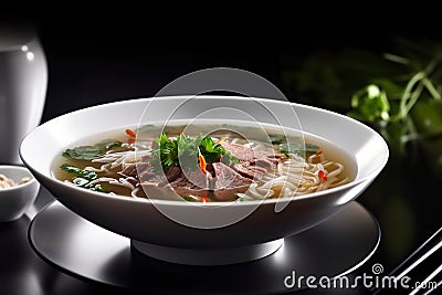Pho, a savory made with rice noodles, herbs, and thinly sliced meet, generative AI Vietnamese dish Stock Photo
