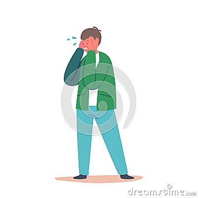 Phobia, Panic Attack Concept. Little Boy Crying Covering Face with Hands Isolated on White Background. Schoolboy Afraid Vector Illustration