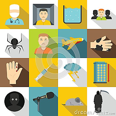 Phobia symbols icons set, flat style Vector Illustration