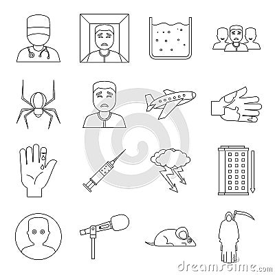 Phobia symbols icons set, outline style Vector Illustration