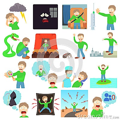 Phobias icons set human, cartoon style Vector Illustration