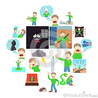 Phobias icons set human, cartoon style Vector Illustration