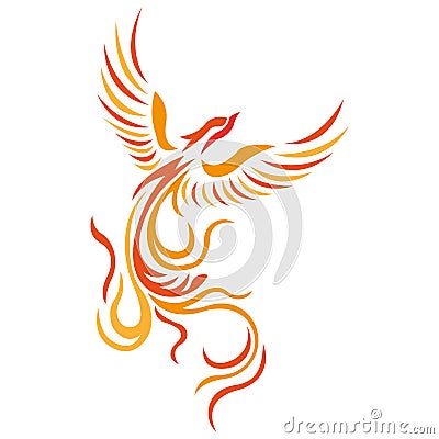 Phoenix bird in flight bright silhouette drawn by ornate lines in a flat style. Bird tattoo, firebird logo, emblem Vector Illustration