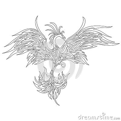 Phoenix bird in flight outline. Design for bird tattoo, decor, firebird logo, coloring book, clothing design emblem, sticker Vector Illustration