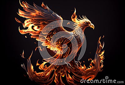 Phoenix bird risen from the ashes, fire bird. Burning bird. Generate Ai. Stock Photo