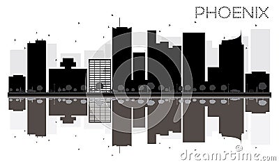 Phoenix City skyline black and white silhouette with reflections Cartoon Illustration