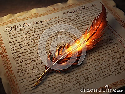 The Phoenix Feather Quill Crafting Destiny with Flames and Feathers Stock Photo