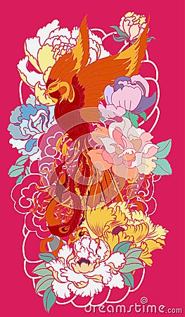 Phoenix fire bird with Peony flower and rose on cloud and wave background.Hand drawn Japanese tattoo style.Beautiful pho Vector Illustration