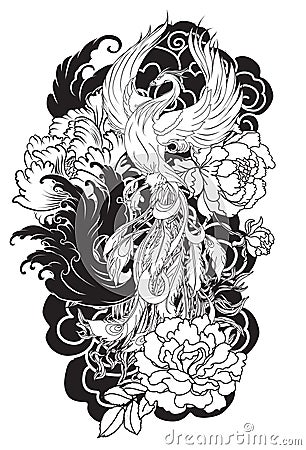 Phoenix fire bird with Peony flower and rose on cloud and wave background.Hand drawn Japanese tattoo style.Beautiful pho Vector Illustration