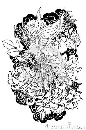 Phoenix fire bird with Peony flower and rose on cloud and wave background.Hand drawn Japanese tattoo style.Beautiful pho Vector Illustration