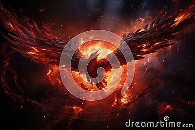 Phoenix is flying burning with fire. Birds. Mythical creatures. Generative AI Stock Photo