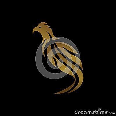 Phoenix logo with gold color isolated on black bacground. Luxury bird icon vector. Vector Illustration