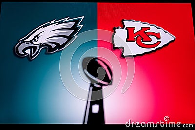 PHOENIX, USA, 30 JANUARY 3, 2023: Philadelphia Eagles vs. Kansas City Chiefs. Black Silhouette of Vince Lombardi Trophy for the Editorial Stock Photo