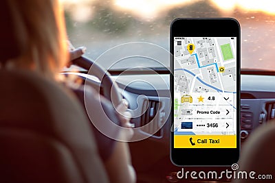 Phone with application call taxi screen background woman driving Stock Photo