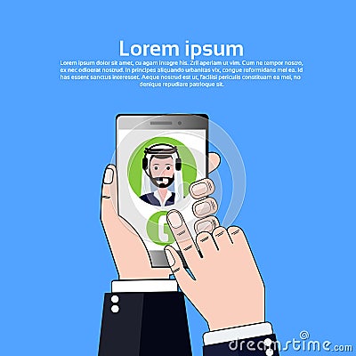 Phone application hand hold gudget arab call center headset agent man bubble client support online operator, muslim Vector Illustration