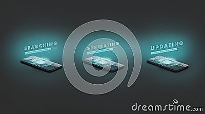 Phone artificial intelligence searching, generating, updating process mockup, dark background Stock Photo