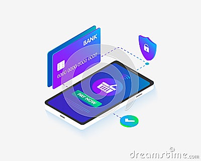 Phone and Bank card Isometric 3D concept image flat design. Concept of mobile checkout payments, shopping with smartphone Vector Illustration