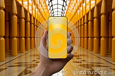 Phone, box, and hand converge against radiant yellow a contemporary trinity Stock Photo