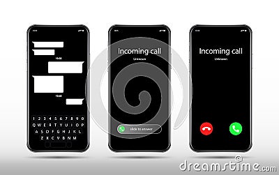 Phone call and chat screen. Realistic smartphone mockup, incoming call. Accept decline button and slider, mobile Vector Illustration