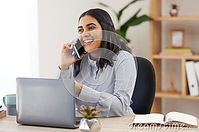 Phone call communication, laptop and woman talking, networking chat and working for ecommerce business. Secretary Stock Photo