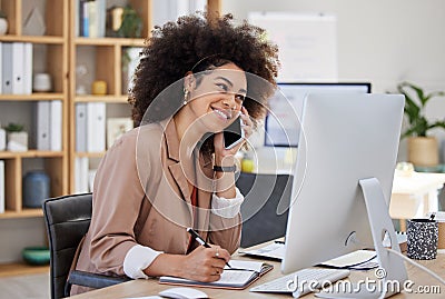 Phone call, computer and woman writing, talking and business networking, online advice or happy virtual help in office Stock Photo